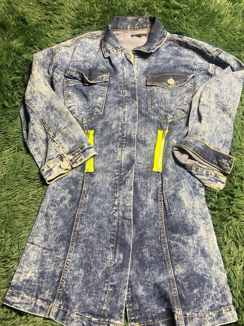 Long Washed Blue Denim Jacket with Neon Zip Details